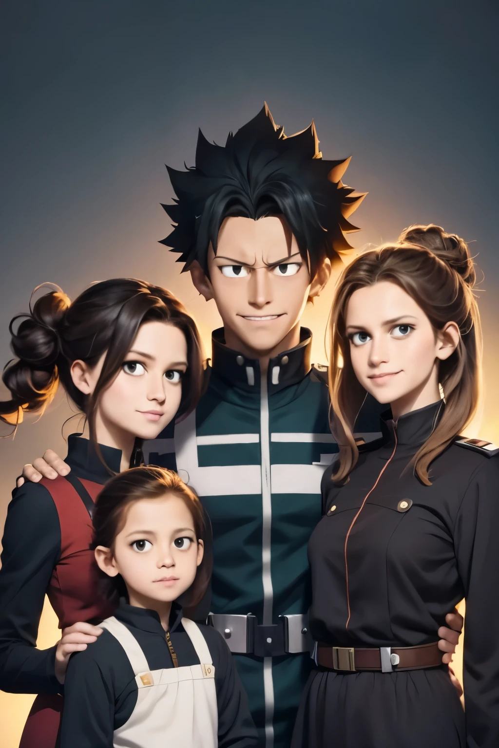 Family Photo, Tall, My Hero Academia art style. Dark Colors.