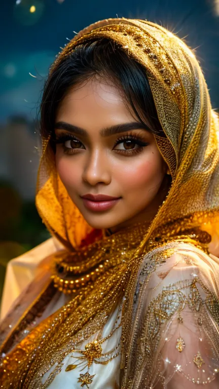A Malay goddess in a hijab and a gold lace veil, night, full moon,  stars, fireflies, ((ultra sharp, high quality, masterpiece))...