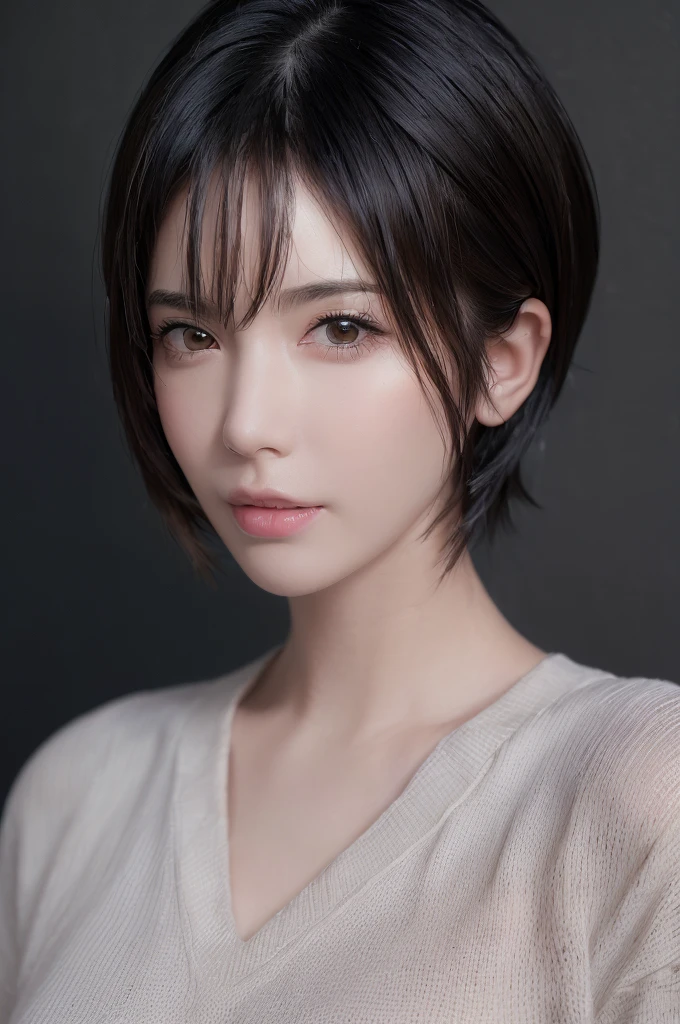 (masterpiece:1.3), (8k, Realistic, RAW Photos, highest quality: 1.4), (One girl), Beautiful Face, (Realistic Face), (Black Hair, short hair:1.3), Beautiful Hairstyles, Realistic eyes, Beautiful fine details, (Realistic Skin), Beautiful Skin, (sweater), Absurd, Charm, Ultra-high resolution, Ultra-realistic, Very detailed, Golden Ratio