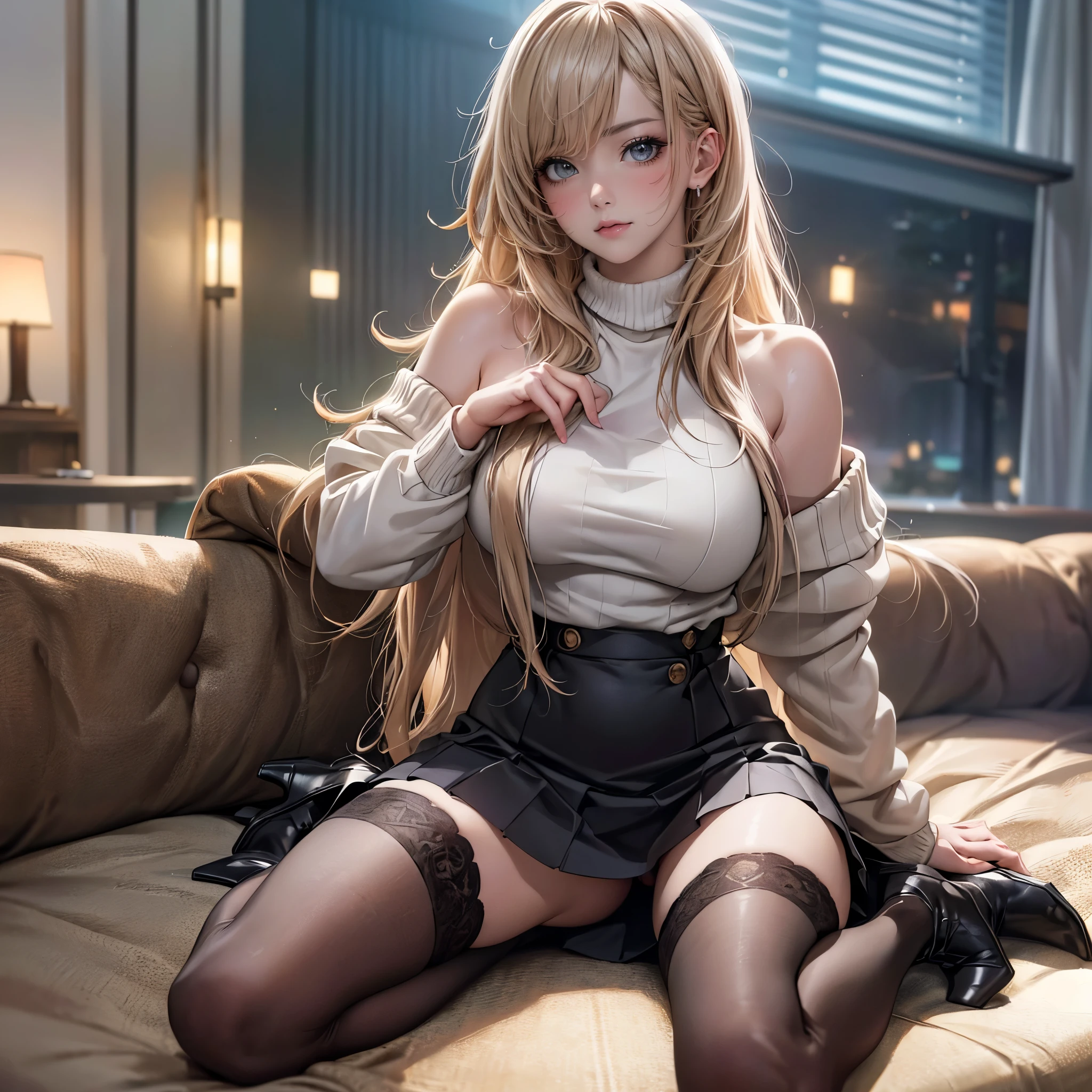 (Random Porn Poses),(Best image quality,(8k),Ultra-realistic,最high quality, high quality, High resolution, high quality texture,High detail,Beautiful details,Fine details,Extremely detailed CG,Detailed Texture,Realistic facial expressions,masterpiece,before),sweater,Tight mini skirt,stockings,Engineer boot