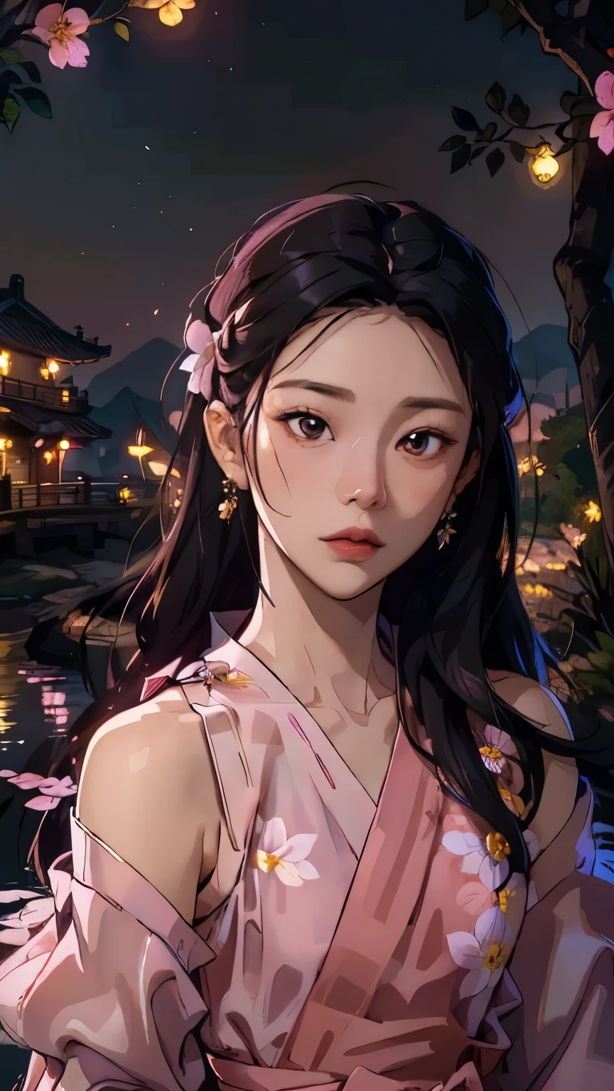 flowers around ears, Beautiful ears, Korean woman age 24, Facing straight, close face, Beautiful picture, good composition, The most beautiful woman in the world, Moonlight reflection river background, Shoulder-showing dress, ((long hair)), mountain hill, ((Off shoulder dress)), river in the middle of the valley, red roses, ((black hair)), ((Small chest)), ((Many fireflies)), firefly night, ((Pink and yellow floating lights)), ((flower behind ear)), glow earrings