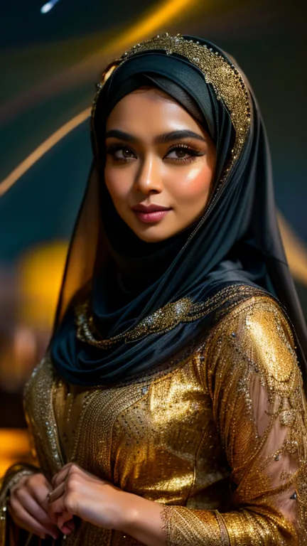 A Malay goddess in a black hijab and a gold lace veil, night, full moon, stars, fireflies, ((ultra sharp, high quality, masterpi...