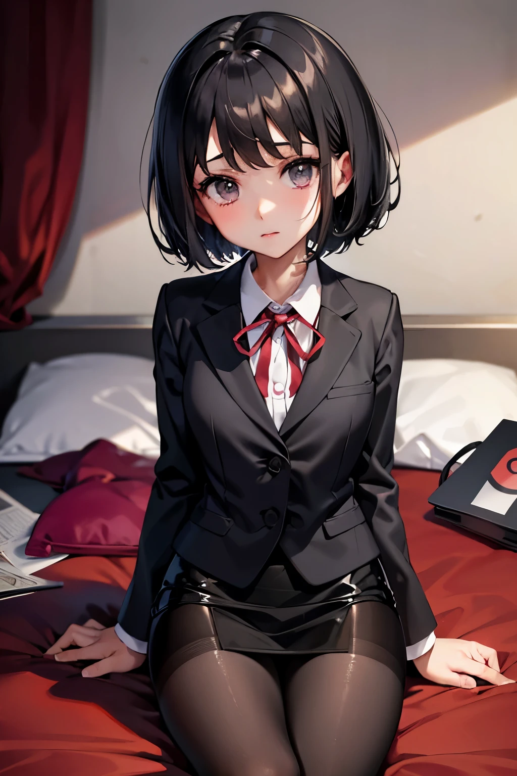 Erica、Pokémon、Black Hair、Short Hair、((pantyhose))、Photo from below、Medium chest、Bedroom、One girl、Red ribbon on head、((suit))、Pencil Skirt