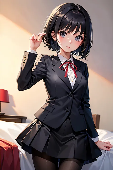 erica、pokémon、black hair、short hair、((pantyhose))、photo from below、medium chest、bedroom、one girl、red ribbon on head、((suit))、pen...