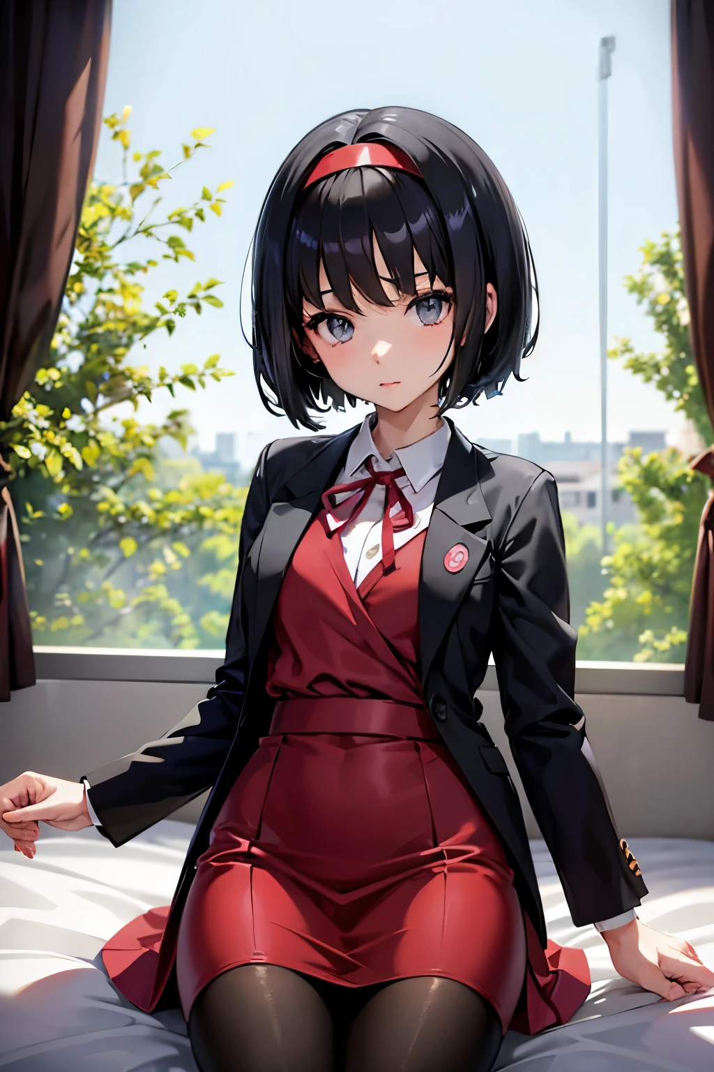 Erica、Pokémon、Black Hair、Short Hair、((pantyhose))、Photo from below、Medium chest、Bedroom、One girl、Red ribbon on head、((suit))、Pencil Skirt