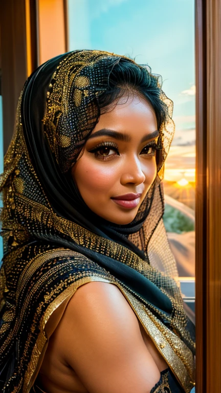 Uma deusa malaia com um hijab preto e um véu de renda dourado, olhando pela janela, dia iluminado, nascer do sol, ((ultra nítido, alta qualidade, obra de arte)), detalhe detalhado, fechar-se,