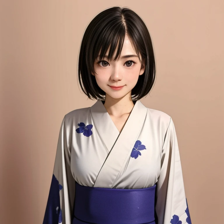 (kawaii 24 year-old Japanese girl, Nogizaka idol, Korean idol), glossy brown hair, (very short hair:1.2), beautiful black eyes, rounded face, narrow shoulders, single eyelid, (no makeup:1.2), grin, (yukata, Japanese traditional clothes), extra small breasts, BREAK, (simple white background:1.2), (view from forward, bust shot, upper body shot, id photo:1.2), BREAK, (masterpiece, best quality, photo realistic, official art:1.4), (UHD, 8K quality wallpaper, high resolution, raw photo, golden ratio:1.3), (shiny skin), professional lighting, physically based rendering, award winning, (highly detailed skin texture, extremely detailed face and eyes textures), Carl Zeiss 85 mm F/1.4, depth of field, (1girl, solo),