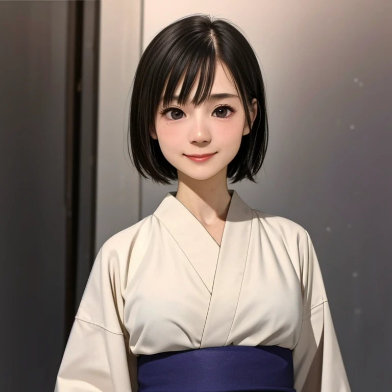 (kawaii 24 year-old Japanese girl, Nogizaka idol, Korean idol), glossy brown hair, (very short hair:1.2), beautiful black eyes, rounded face, narrow shoulders, single eyelid, (no makeup:1.2), grin, (yukata, Japanese traditional clothes), extra small breasts, BREAK, (simple white background:1.2), (view from forward, bust shot, id photo:1.2), BREAK, (masterpiece, best quality, photo realistic, official art:1.4), (UHD, 8K quality wallpaper, high resolution, raw photo, golden ratio:1.3), (shiny skin), professional lighting, physically based rendering, award winning, (highly detailed skin texture, extremely detailed face and eyes textures), Carl Zeiss 85 mm F/1.4, depth of field, (1girl, solo),