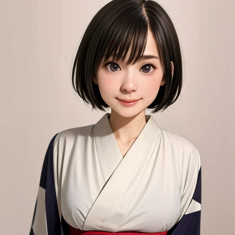 (kawaii 24 year-old Japanese girl, Nogizaka idol, Korean idol), glossy brown hair, (very short hair:1.2), beautiful black eyes, rounded face, narrow shoulders, single eyelid, (no makeup:1.2), grin, (yukata, Japanese traditional clothes), extra small breasts, BREAK, (simple white background:1.2), (view from forward, bust shot, id photo:1.2), BREAK, (masterpiece, best quality, photo realistic, official art:1.4), (UHD, 8K quality wallpaper, high resolution, raw photo, golden ratio:1.3), (shiny skin), professional lighting, physically based rendering, award winning, (highly detailed skin texture, extremely detailed face and eyes textures), Carl Zeiss 85 mm F/1.4, depth of field, (1girl, solo),