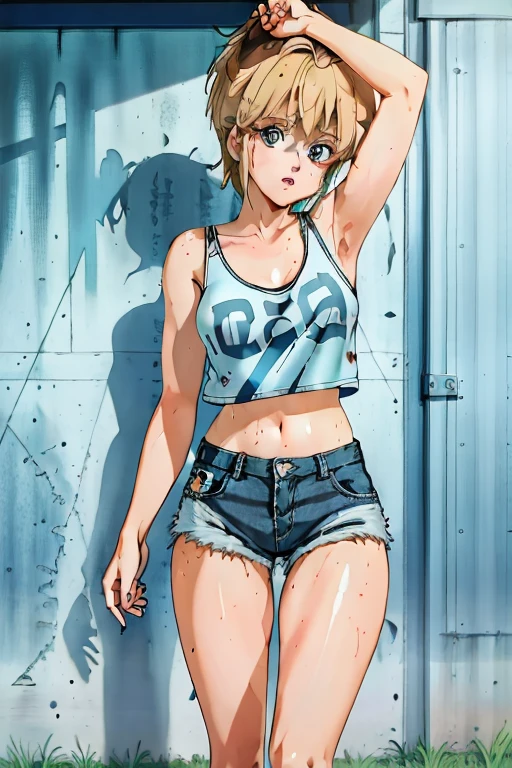 blue eyes, blonde hair, ruined makeup, (extremely detailed CG unity 4k wallpaper),(masterpiece),(best quality),(ultra-detailed),(best illustration),(best shadow),(absurdres),(detailed background), Trailer park trash, Short blonde hair (very Messy), Croptop tank top (filthy), denim short skirt (filthy), Cowgirl boots, Drunk expression, Standing in front of trailer, Bottle in hand,