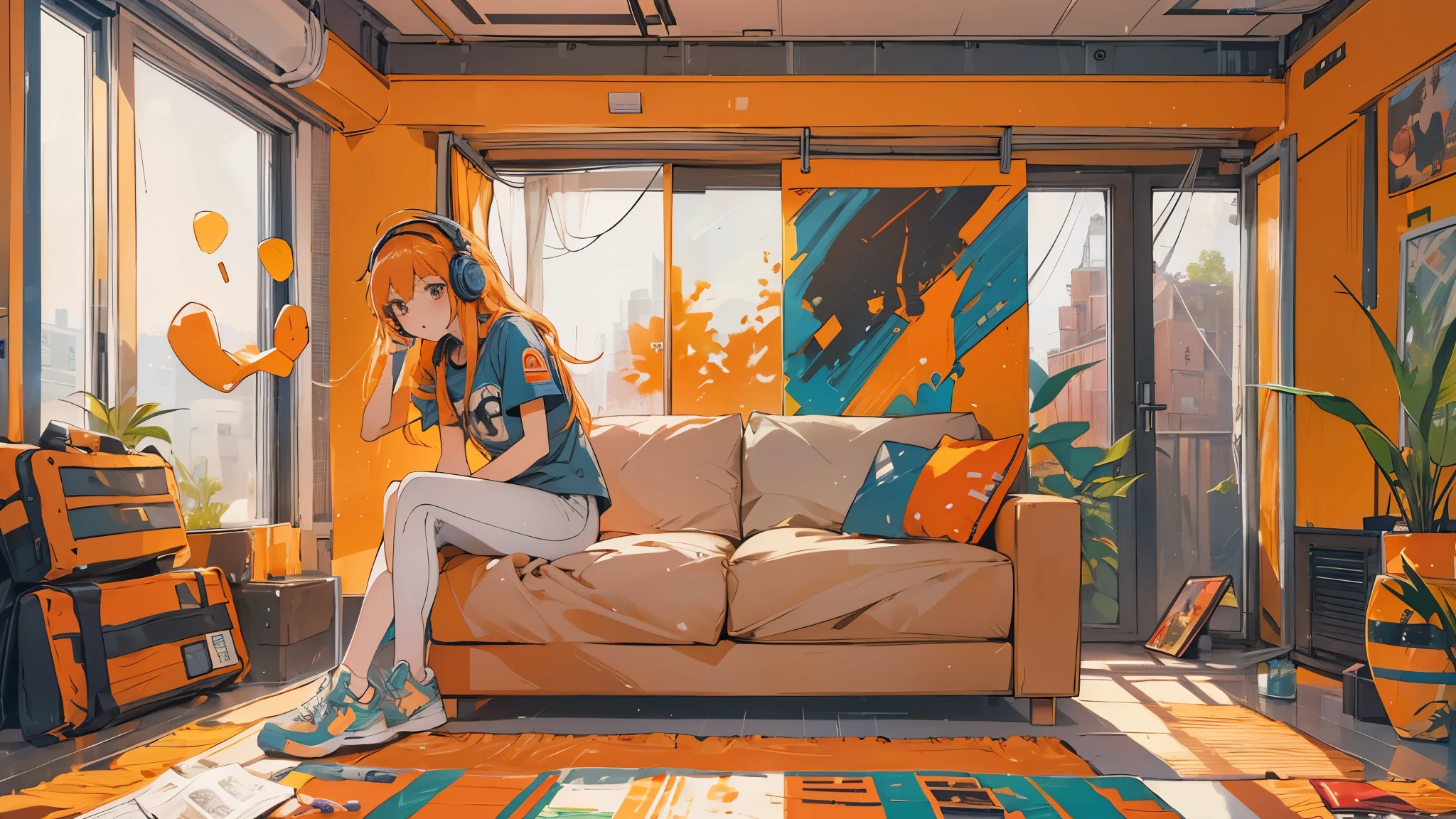 high resolution、One Girl、Wearing headphones、Logo T-shirt and hot pants、Inside a minimalist room、Fabric sofa、Fender Guitars、Vibrant colors、Vivid Color、Warm shades、Full body images、Orange long hair、