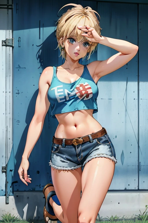 blue eyes, blonde hair, ruined makeup, (extremely detailed CG unity 4k wallpaper),(masterpiece),(best quality),(ultra-detailed),(best illustration),(best shadow),(absurdres),(detailed background), Trailer park trash, Short blonde hair, Croptop tank top, underboob, denim short skirt, Cowgirl boots, Drunk expression, Standing in front of trailer, Bottle in hand,