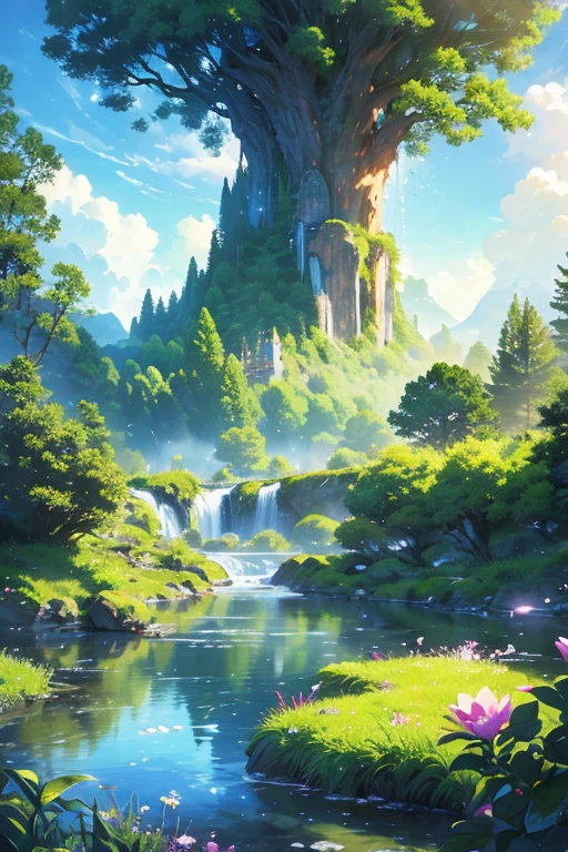 Surreal illustration , Otherworldly, Ultra-aerial scene featuring the entire body of a giant crystal tree,Highly detailed and magical lighting, Intricate forest details, Surrounding vegetation and river, Solarpunk ,landscape, Giant Tree, Beautiful foliage with beautiful lighting and realistic proportions, Like a movie background, 8k, highest quality, masterpiece, 空のcloudと星.baptism,Baptism,Garden of Eden,Colorful,夢のようなlandscape, cloud, light piercing through the cloud, Reflection on the surface of the water, Gentle waterfall,flower々, flower ,Quiet atmosphere, Richness in details, Surreal beauty, Magical Aura, ファンタジーlandscape, High quality digital art, Vibrant colors, Fantastic lighting, Enchanting atmosphere, Artistic Expression, Otherworldly feeling, Beautiful brushwork, Magnificent View, Peaceful tranquility, Immersive Experience, Breathtaking views, Picturesque views, Mysterious charm, Mysterious atmosphere, Nuances, A magical dream. There are no people, Nobody is here