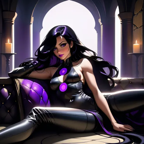 a jovial, muscular adult woman, wearing black leather clothing with purple circles on the outfit. she has long black hair styled...