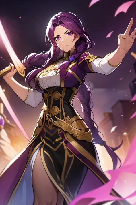 a woman with long purple hair in a braid, tan skin with a confident expression, standing in a dynamic action pose with a sword, ...