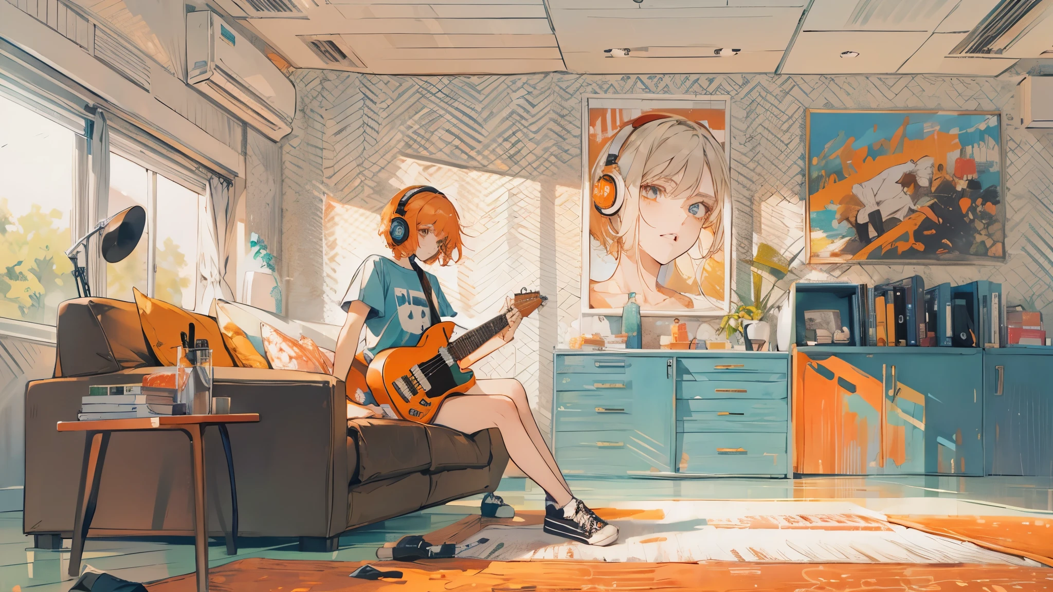 high resolution、One Girl、Wearing headphones、Logo T-shirt and hot pants、Inside a minimalist room、Fabric sofa、Fender Guitars、Vibrant colors、Vivid Color、Warm shades、Full body images、Orange short hair、