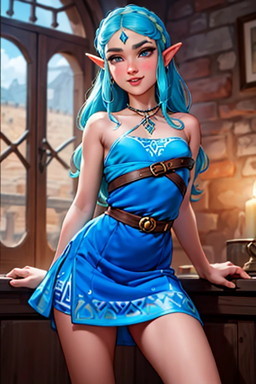 desbaratar_Primeiro, sorriso pretensioso, (Maravilhoso, lindo, encantador:1.3), vestido azul, batom azul, cabelo vermelho, urbosa ,  a lenda de Zelda, olhar quente, ajoelhado 
