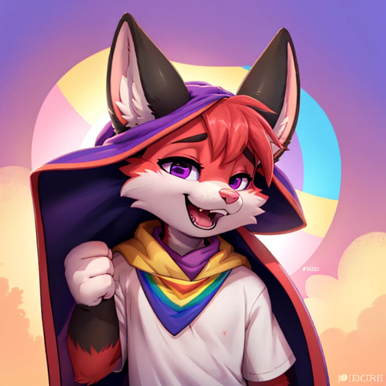 Anthropomorphic adult male crimson fox with pink nose, purple eyes, black sholders, horns, black ears and femenine look, is holding a lgbtq flag with his right arm, focus on face, open mouth, eyes closed, very happy, solo, digital art, pastel color background, front view, hands lifted up, cutecore, wearing light colored shirt and a bandana, half body view, icon pfp, with a large lgbtq cape around his shoulders, seen from the front, focus in face
