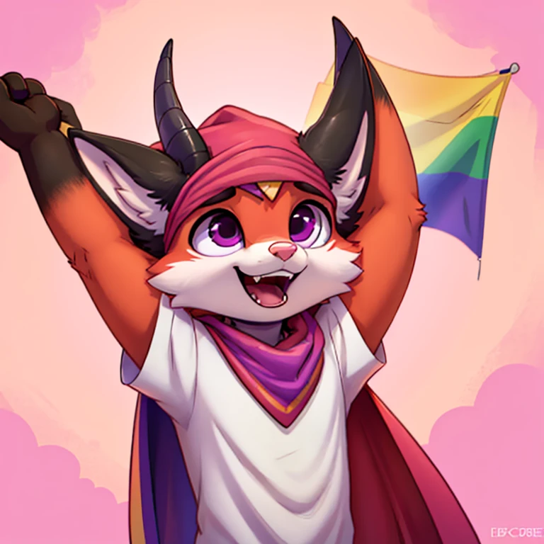 Anthropomorphic adult male crimson fox with pink nose, purple eyes, black sholders, horns, black ears and femenine look, is holding a lgbtq flag with his right arm, focus on face, open mouth, eyes closed, very happy, solo, digital art, pastel color background, front view, hands lifted up, cutecore, wearing light colored shirt and a bandana, half body view, icon pfp, with a large lgbtq cape around his shoulders, seen from the front, focus in face
