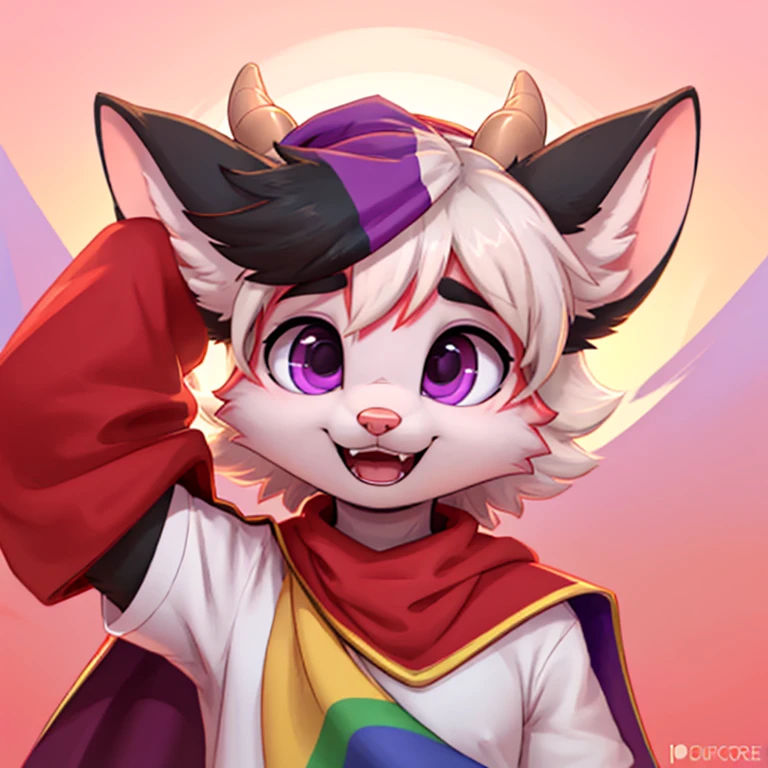 Anthropomorphic adult male crimson fox with pink nose, purple eyes, black sholders, horns, black ears and femenine look, is holding a lgbtq flag with his right arm, focus on face, open mouth, eyes closed, very happy, solo, digital art, pastel color background, front view, hands lifted up, cutecore, wearing light colored shirt and a bandana, half body view, icon pfp, with a large lgbtq cape around his shoulders, seen from the front, focus in face, looking at front