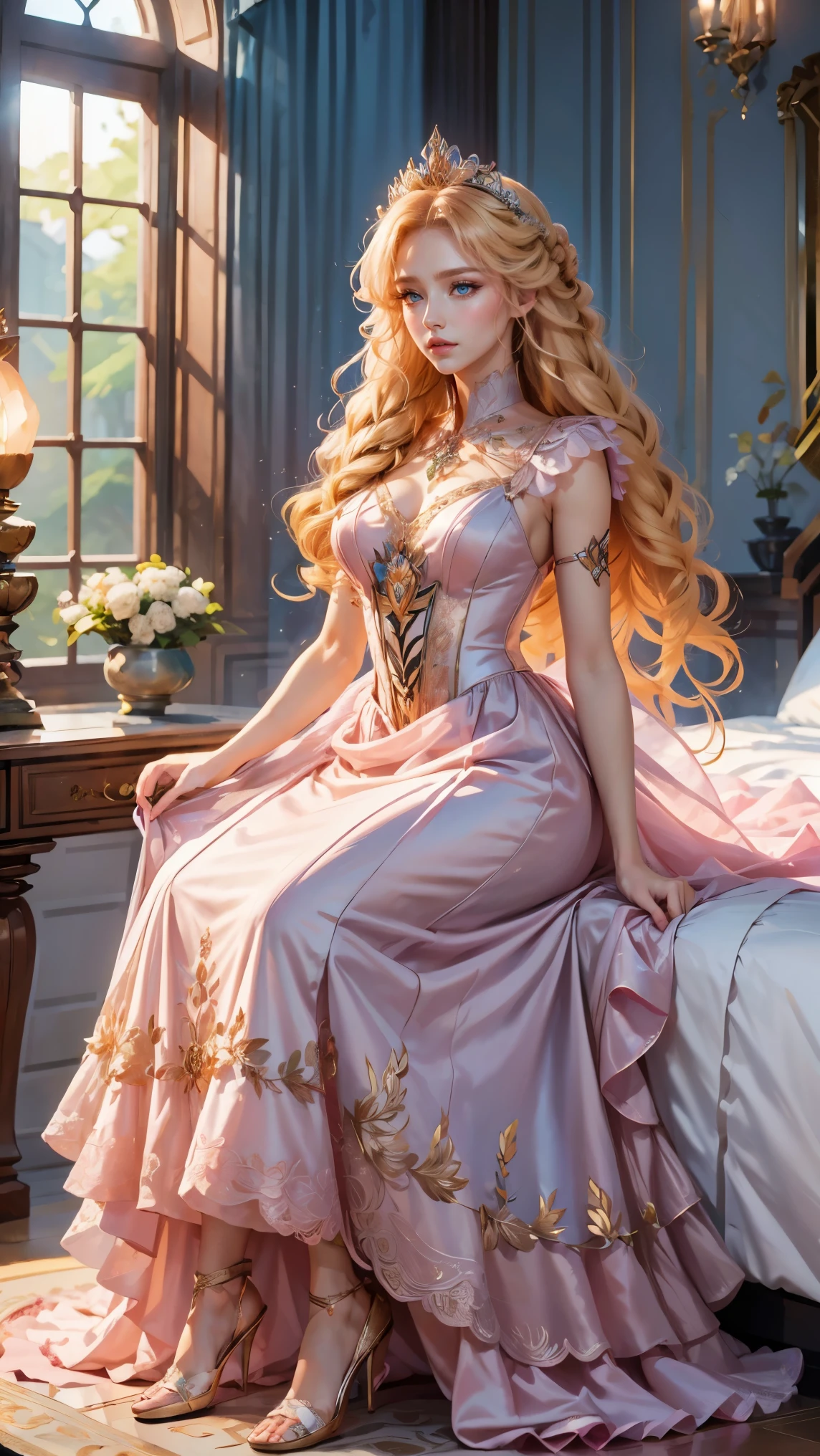 Best quality, masterpiece, ultra high res, raw photo, beautiful and aesthetic, deep shadow, fairy theme,(ultra detailed:1.3),
1girl, sitting pose, flower headdress, drill hair, long hair, blonde hair, gradient hair, yellow eyes, solo, huge breasts, big hair, blue hair, divine goddess, looking at viewer, indoors, queen bedroom, empress bed, room full of curtain, astraea, full body, pink dress, princess dress, transparant dress,