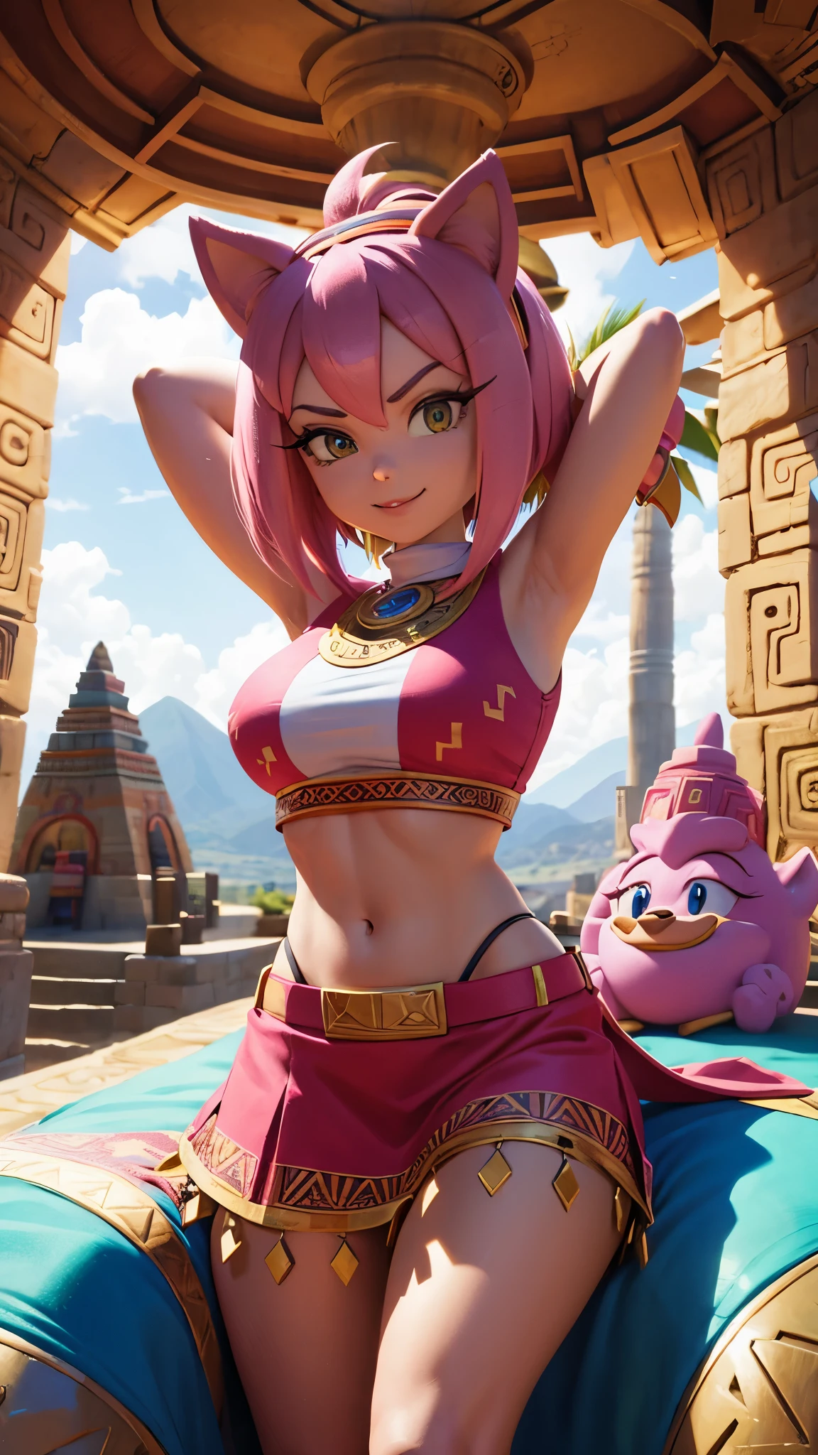 amy rose wearing aztec outfit, in front of a aztec pitamid, intricated details, 8k