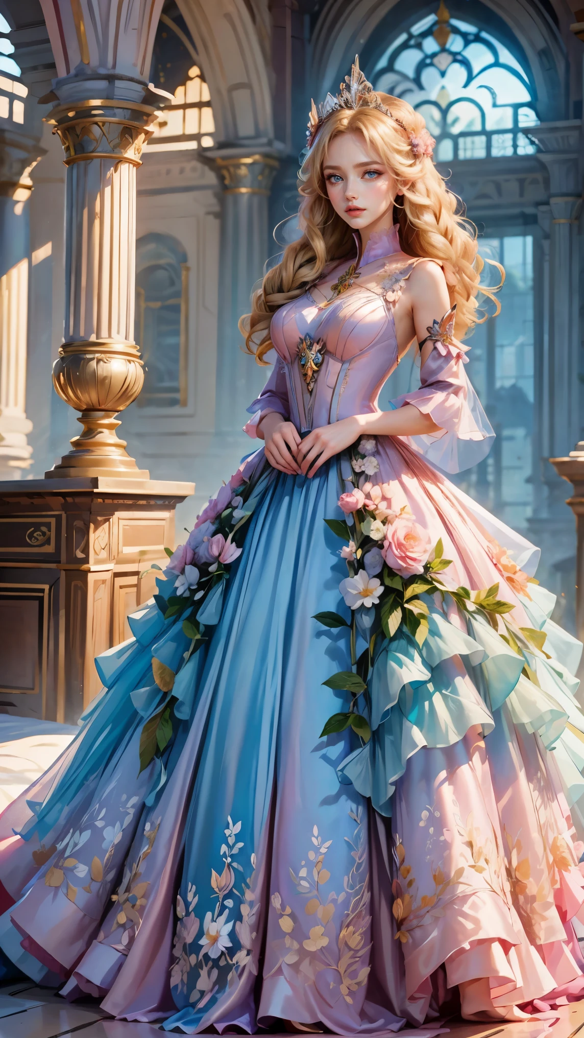 Best quality, masterpiece, ultra high res, raw photo, beautiful and aesthetic, deep shadow, fairy theme,(ultra detailed:1.3),
1girl, standing pose, flower headdress, drill hair, long hair, blonde hair, gradient hair, yellow eyes, solo, huge breasts, big hair, blue hair, divine goddess, looking at viewer, indoors, queen bedroom, empress bed, room full of curtain, astraea, full body, pink dress, princess dress, transparant dress, sleeve, 