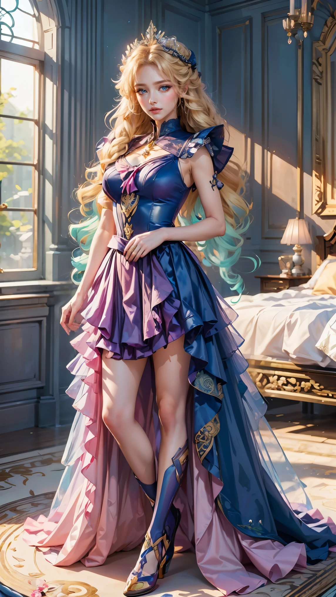 Best quality, masterpiece, ultra high res, raw photo, beautiful and aesthetic, deep shadow, fairy theme,(ultra detailed:1.3),
1girl, standing pose, flower headdress, drill hair, long hair, blonde hair, gradient hair, yellow eyes, solo, huge breasts, big hair, blue hair, divine goddess, looking at viewer, indoors, queen bedroom, empress bed, room full of curtain, astraea, full body, pink uniform, sailor senshi uniform,  