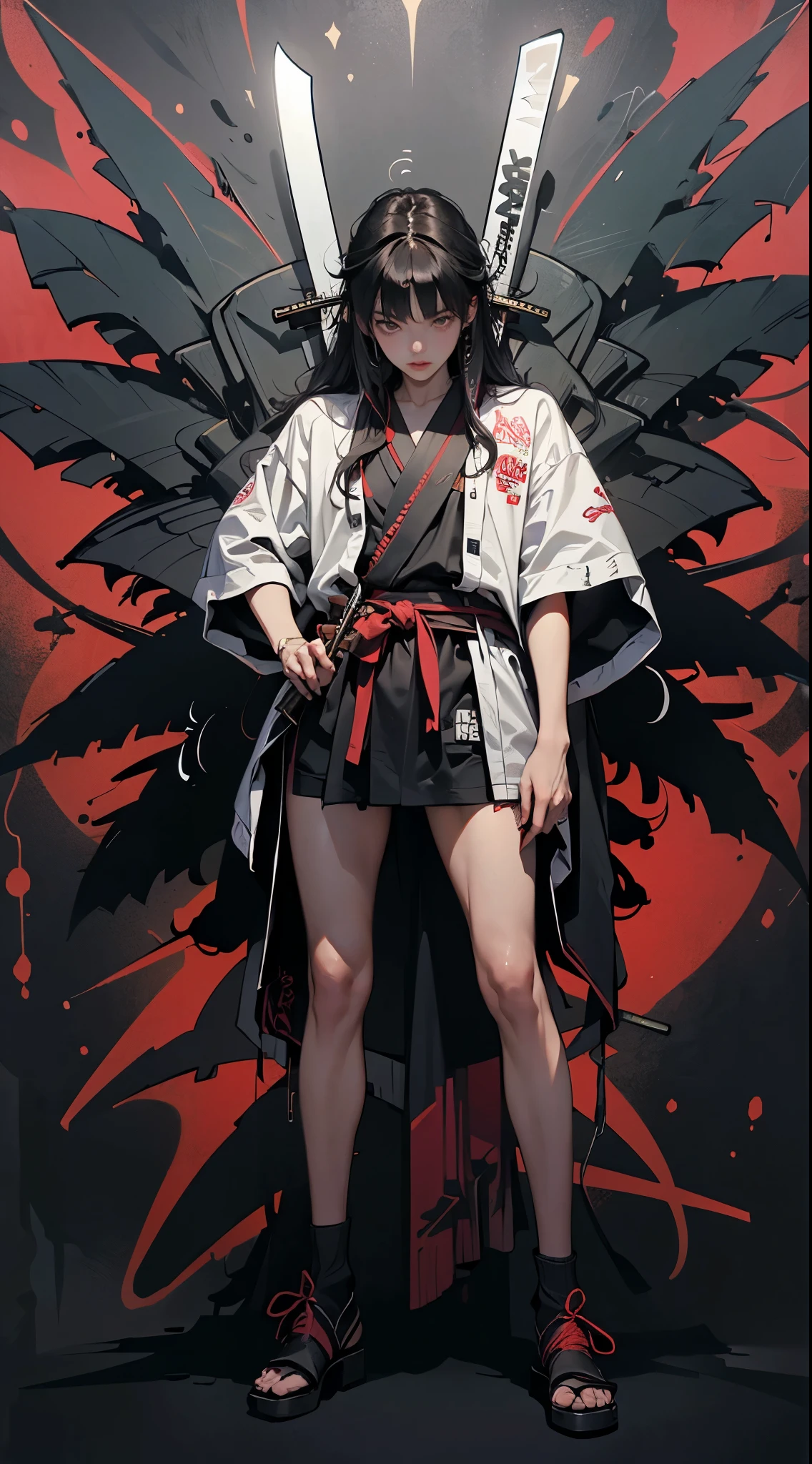 ((masterpiece, high quality, best quality, 8k, wallpaper, detailed, realistic)), samurai swords, skinny, korean popstar, full body, tall, long legs, simple red background, palm trees, (graffiti wall:1.2), muscular, strong, courageous holding samurai swords
