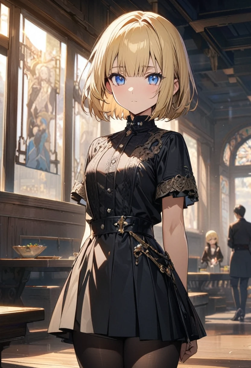 expressionless, older sister, master piece, best quality, ultra detailed, handsome, 1 woman, short hair, hime cut, blonde hair, cute eyes, blue eyes, black tights, anime character 