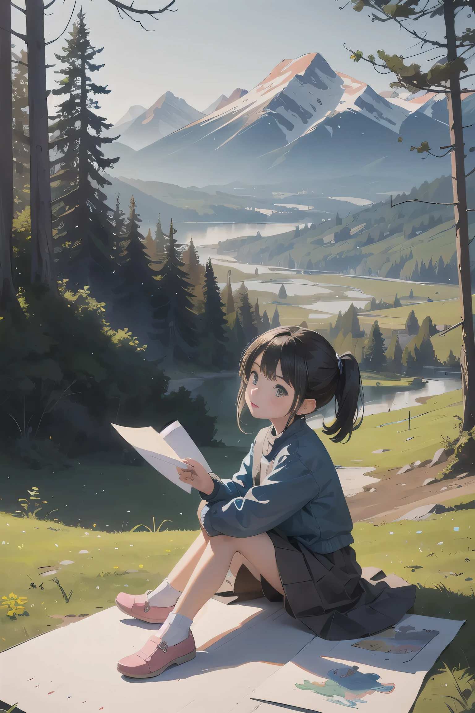 A (((little girl))) sitting amidst a serene (((mountain landscape))), surrounded by a mix of colorful ((drawings)) made with paper and Drass dots, with a (tree) gently swaying in the breeze