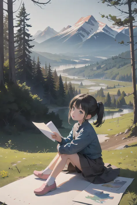 a (((little girl))) sitting amidst a serene (((mountain landscape))), surrounded by a mix of colorful ((drawings)) made with pap...