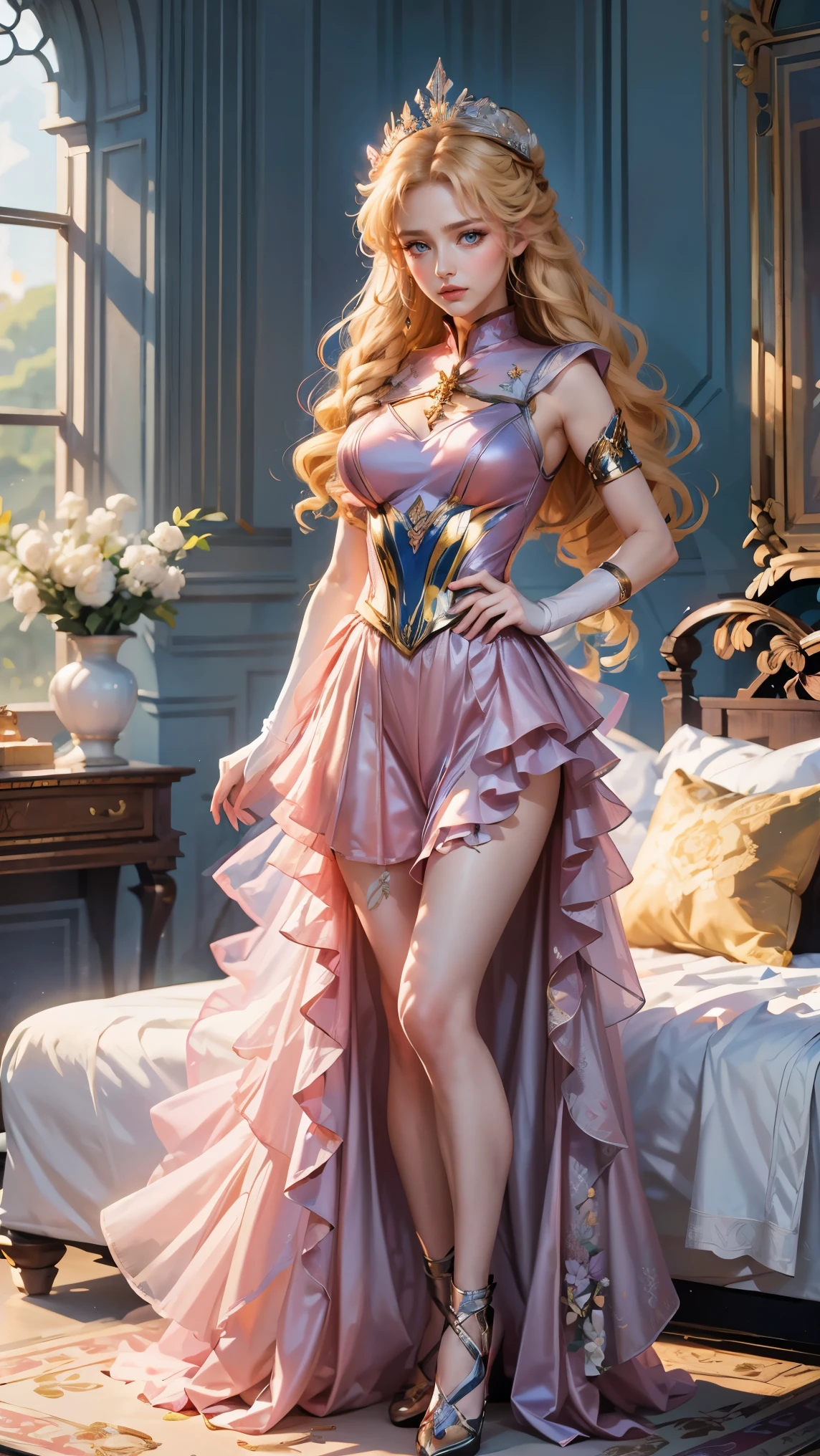 Best quality, masterpiece, ultra high res, raw photo, beautiful and aesthetic, deep shadow, fairy theme,(ultra detailed:1.3),
1girl, sexy pose, flower headdress, drill hair, long hair, blonde hair, gradient hair, yellow eyes, solo, huge breasts, big hair, blue hair, divine goddess, looking at viewer, indoors, queen bedroom, empress bed, room full of curtain, astraea, full body, pink uniform, sailor senshi uniform,  