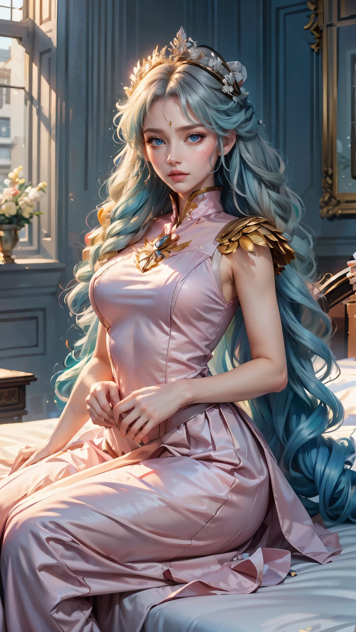 Best quality, masterpiece, ultra high res, raw photo, beautiful and aesthetic, deep shadow, fairy theme,(ultra detailed:1.3),
1girl, sitting pose, flower headdress, drill hair, long hair, blonde hair, gradient hair, yellow eyes, solo, huge breasts, big hair, blue hair, divine goddess, looking at viewer, indoors, queen bedroom, empress bed, room full of curtain, astraea, full body, pink uniform, sailor senshi uniform,  