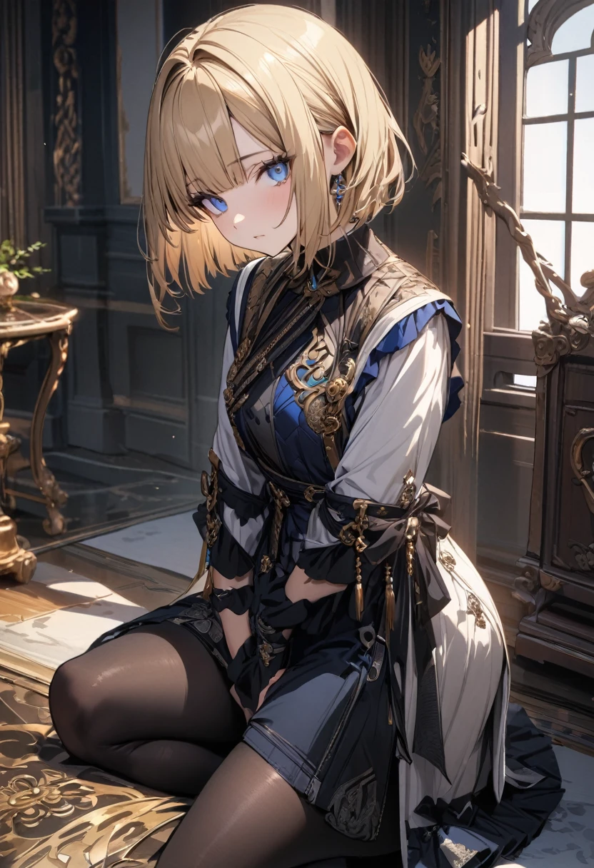 expressionless, older sister, master piece, best quality, ultra detailed, handsome, 1 woman, short hair, hime cut, blonde hair, cute eyes, blue eyes, black tights, fashionable clothes