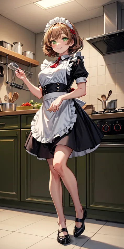 masterpiece, best quality, syrene, green eyes, headband, maid, kitchen, full body from below, cooking, smile red cheeks