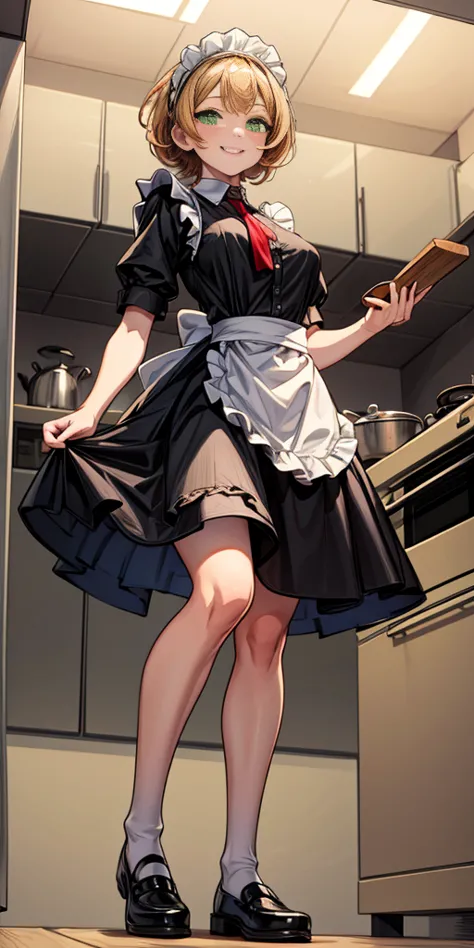 masterpiece, best quality, syrene, green eyes, headband, maid, kitchen, full body from below, cooking, smile red cheeks