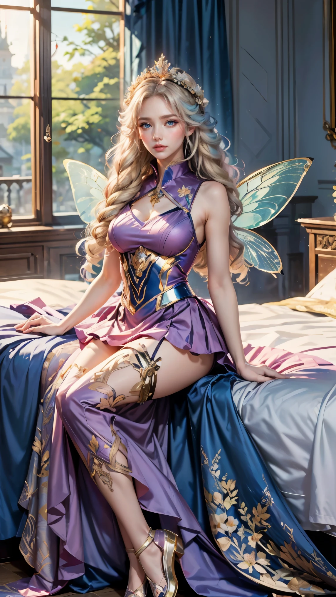 Best quality, masterpiece, ultra high res, raw photo, beautiful and aesthetic, deep shadow, fairy theme,(ultra detailed:1.3),
1girl, sitting pose, flower headdress, drill hair, long hair, blonde hair, gradient hair, yellow eyes, solo, huge breasts, big hair, blue hair, divine goddess, looking at viewer, indoors, queen bedroom, empress bed, room full of curtain, astraea, full body, pink uniform, tennis dress,