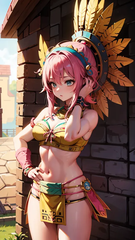 anime woman with pink hair wearing aztec Indian plume