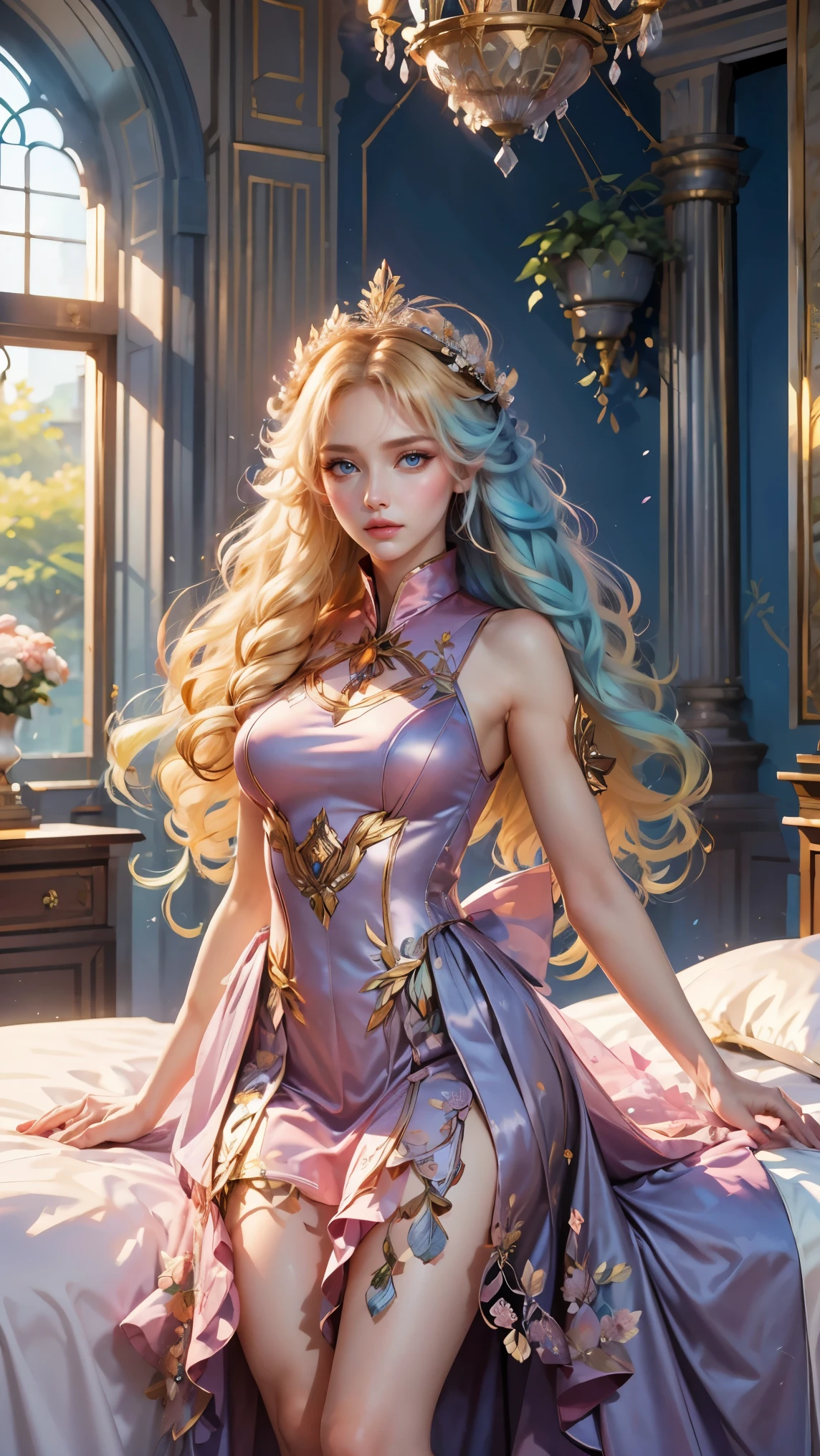 Best quality, masterpiece, ultra high res, raw photo, beautiful and aesthetic, deep shadow, fairy theme,(ultra detailed:1.3),
1girl, dynamic pose, flower headdress, drill hair, long hair, blonde hair, gradient hair, yellow eyes, solo, huge breasts, big hair, blue hair, divine goddess, looking at viewer, indoors, queen bedroom, empress bed, room full of curtain, astraea, full body, pink uniform, tennis dress,