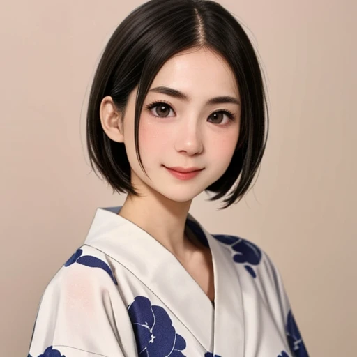 (kawaii 24 year-old Japanese girl, Nogizaka idol, Korean idol), glossy brown hair, (very short hair:1.2), beautiful black eyes, rounded face, narrow shoulders, single eyelid, (no makeup:1.2), big laughing, (yukata, Japanese traditional clothes), extra small breasts, BREAK, (simple white background:1.2), (view from forward, bust shot, id photo:1.2), BREAK, (masterpiece, best quality, photo realistic, official art:1.4), (UHD, 8K quality wallpaper, high resolution, raw photo, golden ratio:1.3), (shiny skin), professional lighting, physically based rendering, award winning, (highly detailed skin texture, extremely detailed face and eyes textures), Carl Zeiss 85 mm F/1.4, depth of field, (1girl, solo),