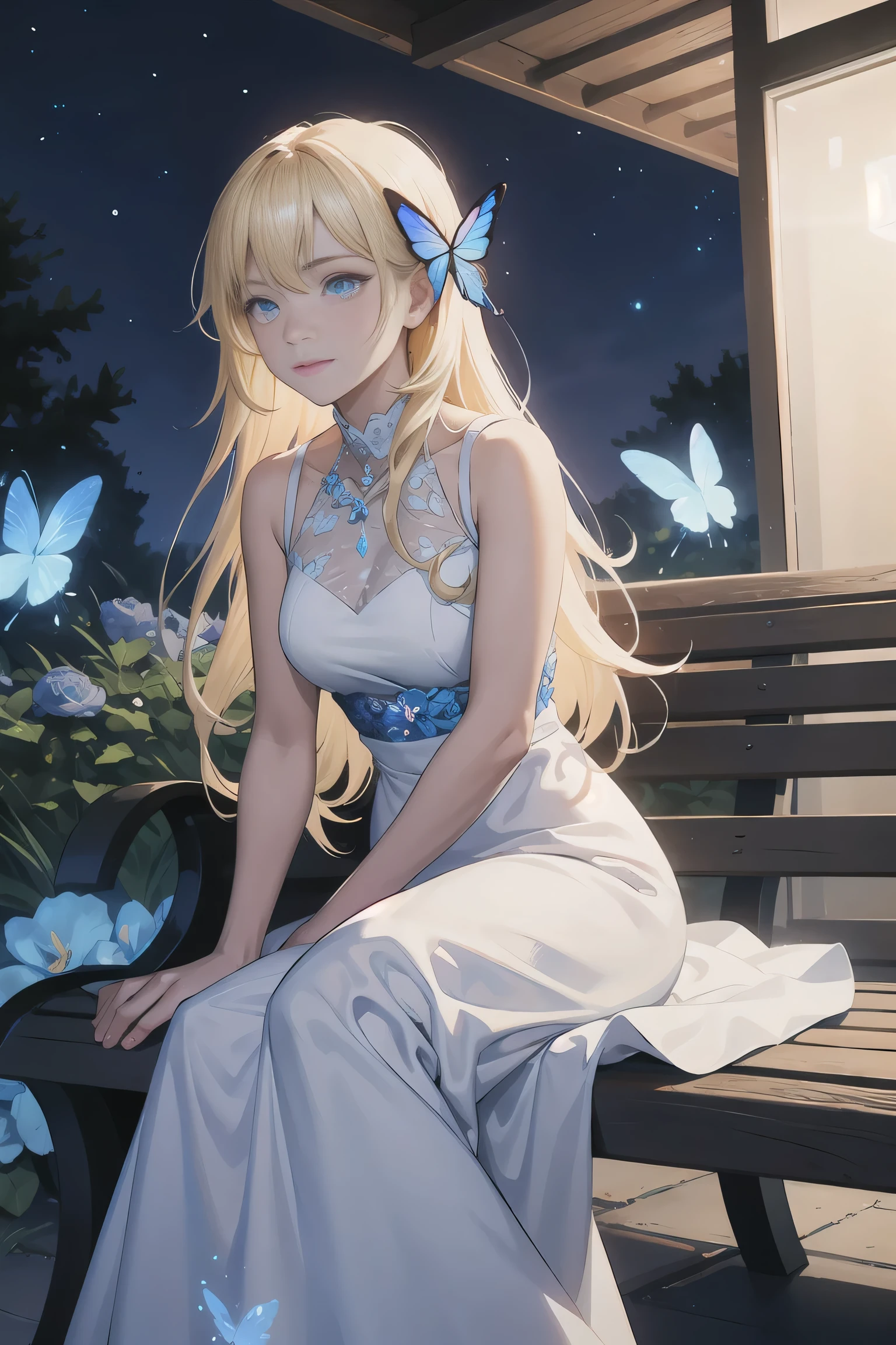 A girl with very long blonde hair sitting serenely on a bench out front of her house dressed in a white cololor sparkling dress with glowing light blue accessories and light blue glowing flowers and butterflies at night near a beautiful house