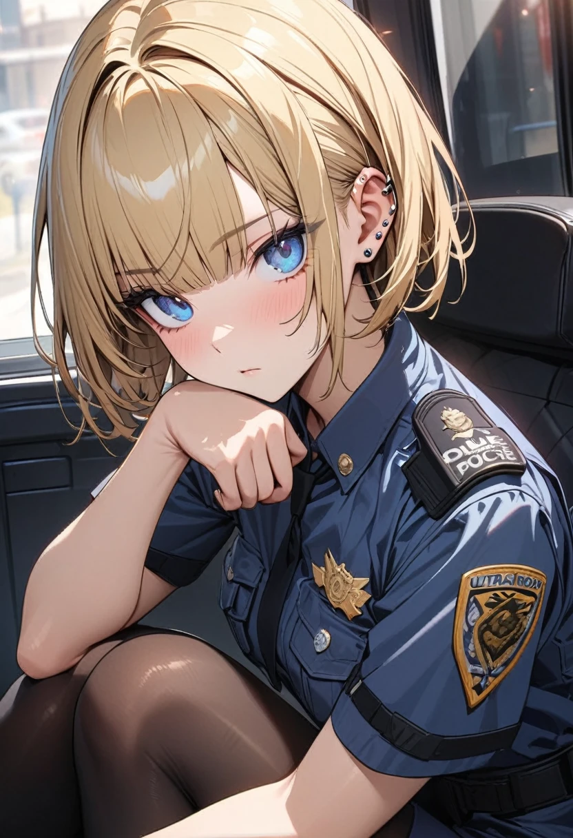 expressionless, master piece, best quality, ultra detailed, handsome, 1 woman, short hair, hime cut, blonde hair, cute eyes, blue eyes, black tights, police, piercing in one ear