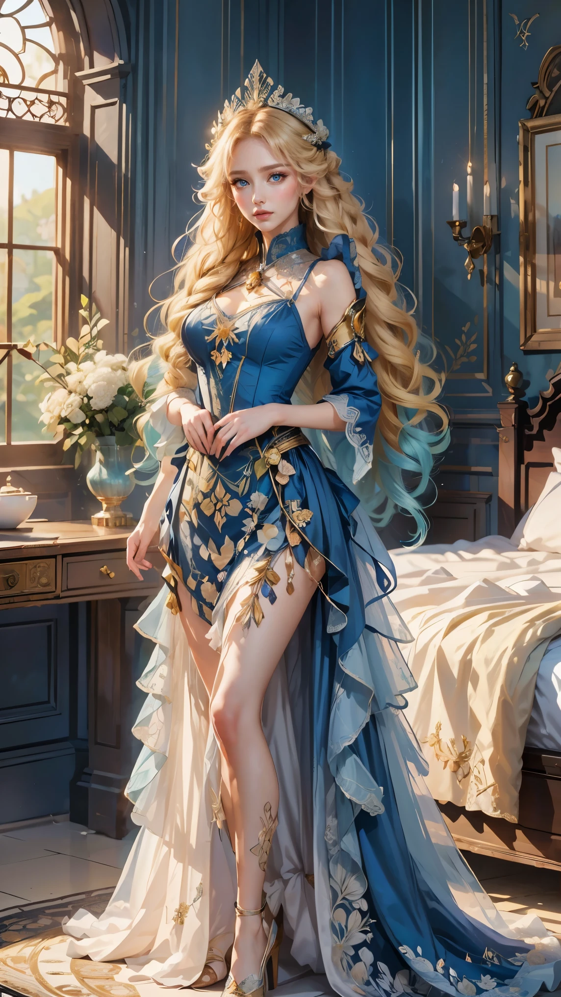 Best quality, masterpiece, ultra high res, raw photo, beautiful and aesthetic, deep shadow, fairy theme,(ultra detailed:1.3),
1girl, dynamic pose, flower headdress, drill hair, long hair, blonde hair, gradient hair, yellow eyes, solo, huge breasts, big hair, blue hair, divine goddess, looking at viewer, indoors, queen bedroom, empress bed, room full of curtain, astraea, full body, white dress, victorian dress, transparant dress 