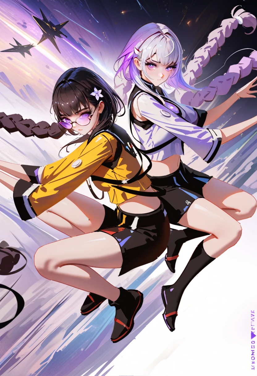 2girls, ((back to back pose)), (cryptic_g, full body, purple eyes long hair, white clothes, braided hair, twintals, silver hair), (kirara, black hair, short hair, yellow clothes, golden eyes, glasses), dark room, sci-fi, space ship, masterpiece, best quality, amazing quality, very aesthetic, absurdres, intricate details,  epic pose, sci-fi uniform, epic, movie poster, (by nixeu:0.1), (by wlop:0.3), by rella