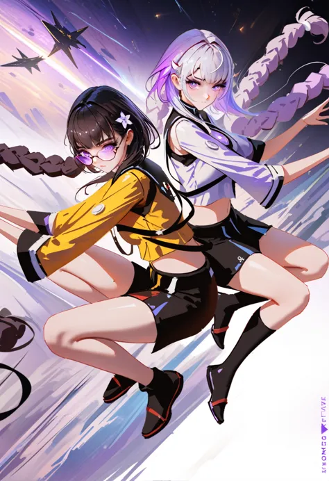2girls, ((back to back pose)), (cryptic_g, full body, purple eyes long hair, white clothes, braided hair, twintals, silver hair)...