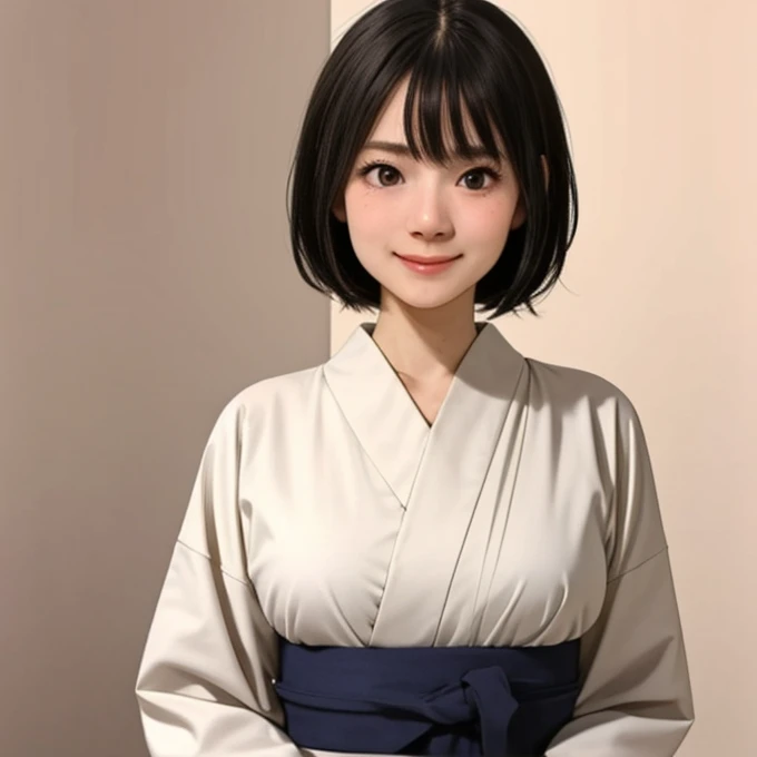 (kawaii 24 year-old Japanese girl, Nogizaka idol, Korean idol), glossy brown hair, (very short hair:1.2), beautiful black eyes, rounded face, narrow shoulders, single eyelid, (no makeup:1.2), big laughing, (yukata, Japanese traditional clothes), extra small breasts, BREAK, (simple white background:1.2), (view from forward, bust shot, id photo:1.2), BREAK, (masterpiece, best quality, photo realistic, official art:1.4), (UHD, 8K quality wallpaper, high resolution, raw photo, golden ratio:1.3), (shiny skin), professional lighting, physically based rendering, award winning, (highly detailed skin texture, extremely detailed face and eyes textures), Carl Zeiss 85 mm F/1.4, depth of field, (1girl, solo),