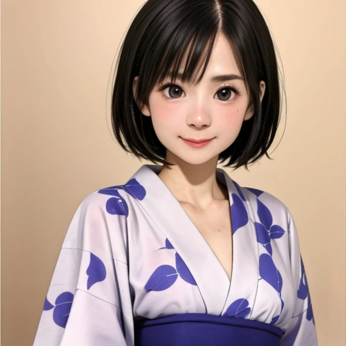 (kawaii 24 year-old Japanese girl, Nogizaka idol, Korean idol), glossy brown hair, (very short hair:1.2), beautiful black eyes, rounded face, narrow shoulders, single eyelid, (no makeup:1.2), big laughing, (yukata, Japanese traditional clothes), extra small breasts, BREAK, (simple white background:1.2), (view from forward, bust shot, id photo:1.2), BREAK, (masterpiece, best quality, photo realistic, official art:1.4), (UHD, 8K quality wallpaper, high resolution, raw photo, golden ratio:1.3), (shiny skin), professional lighting, physically based rendering, award winning, (highly detailed skin texture, extremely detailed face and eyes textures), Carl Zeiss 85 mm F/1.4, depth of field, (1girl, solo),