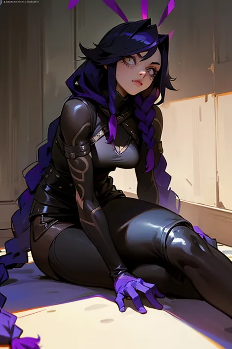 a jovial, muscular adult woman, wearing black leather clothing with purple circles on the outfit. she has long black hair styled...