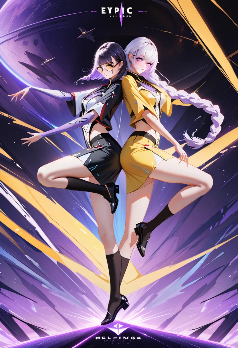 2girls, ((back to back pose)), detailed lips, (cryptic_g, full body, purple eyes long hair, white clothes, braided hair, twintals, silver hair), (kirara, short hair, black hair, yellow clothes, golden eyes, glasses), dark room, sci-fi, space ship, masterpiece, best quality, amazing quality, very aesthetic, absurdres, intricate details,  epic pose, sci-fi uniform, epic, movie poster, (by nixeu:0.1), (by wlop:0.3), by rella